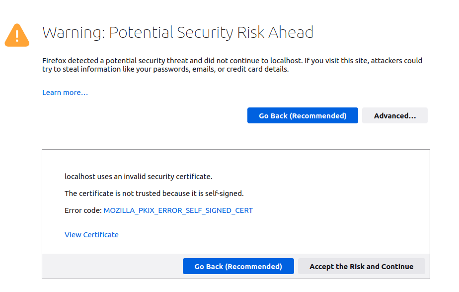 Image showing a firefox security message, warning that the security certificate is invalid